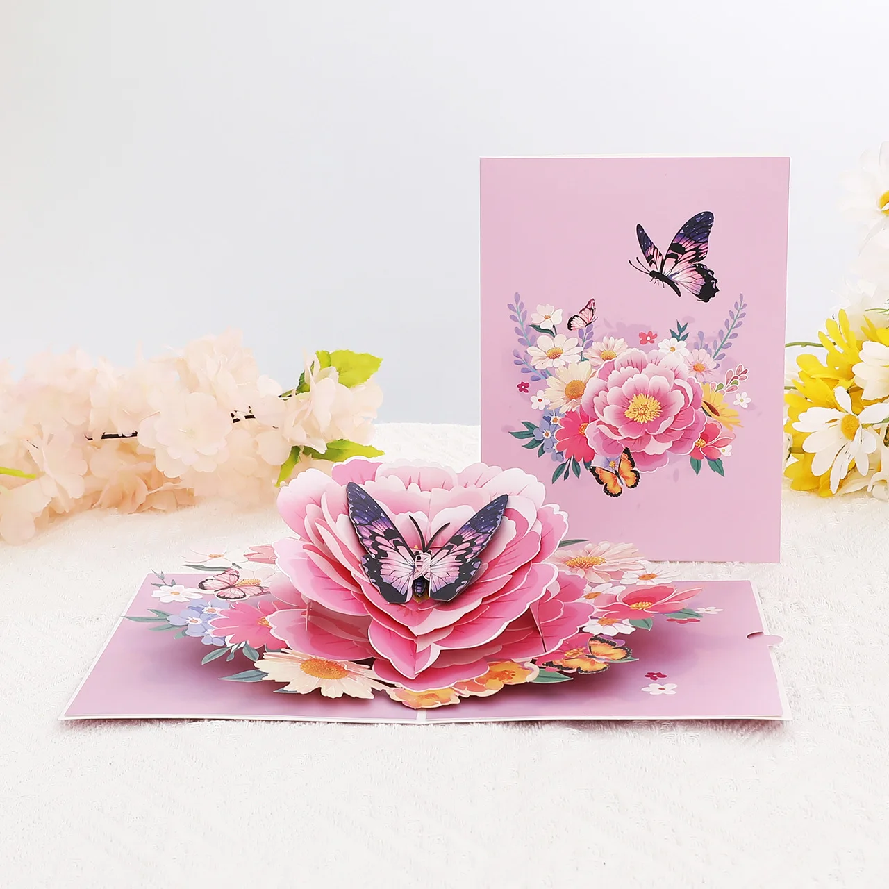 

2Pcs Cute 3D Butterfly Peony Flower Pop-Up Card - Handmade Elegant Floral Greeting Card with Envelope for Birthday Wedding