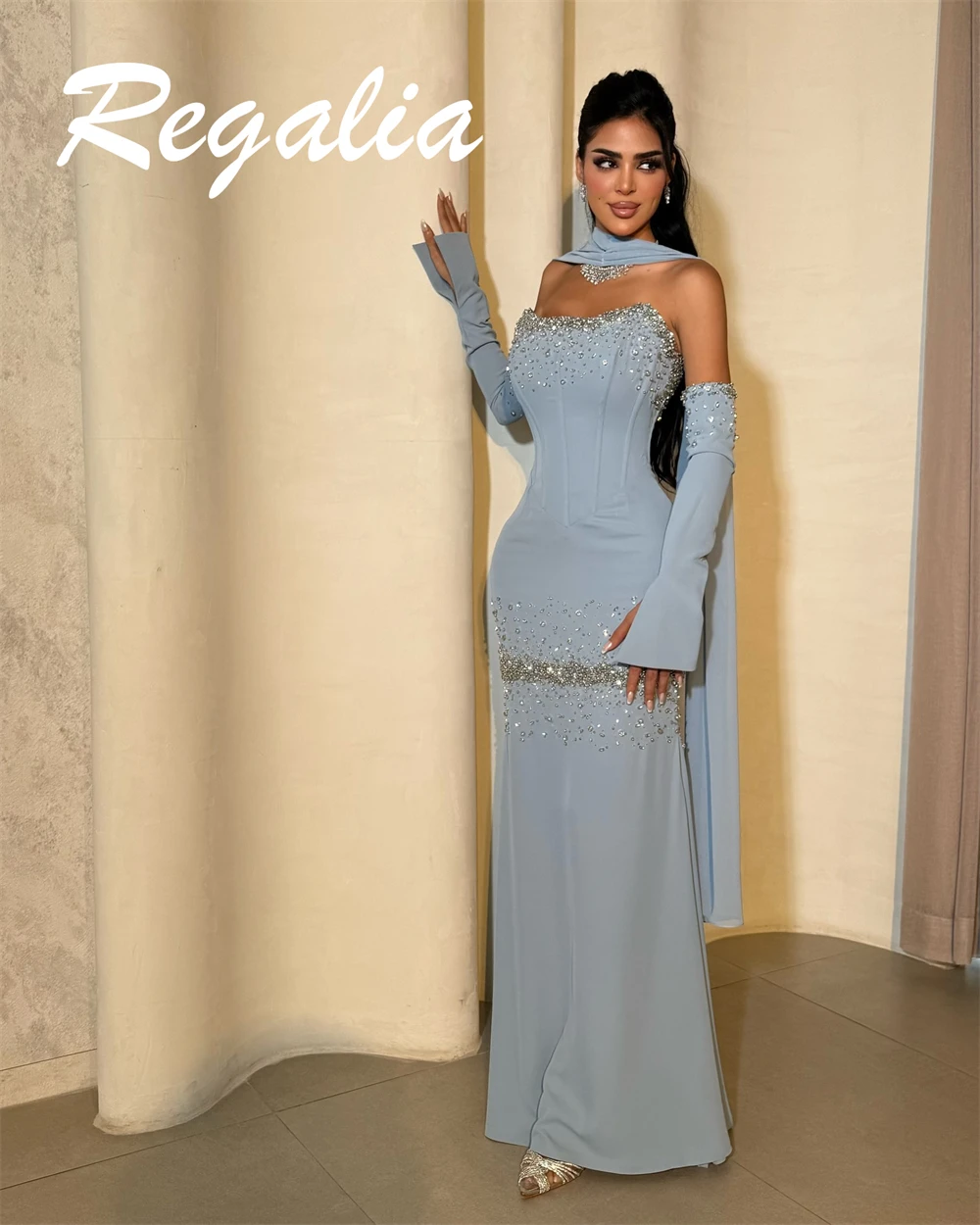 Customized Mermaid Elegant Blue Jersey Evening Dress Exquisite Strapless Detachable Sleeve Celebrity Gowns Luxury Prom Dress