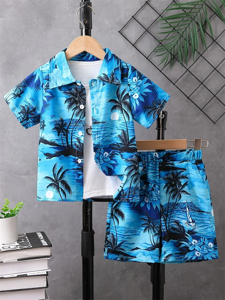 

Hawaiian Beach Vacation style, Tropical Green Palm Print men's Fashionable short-sleeved Shirt Set