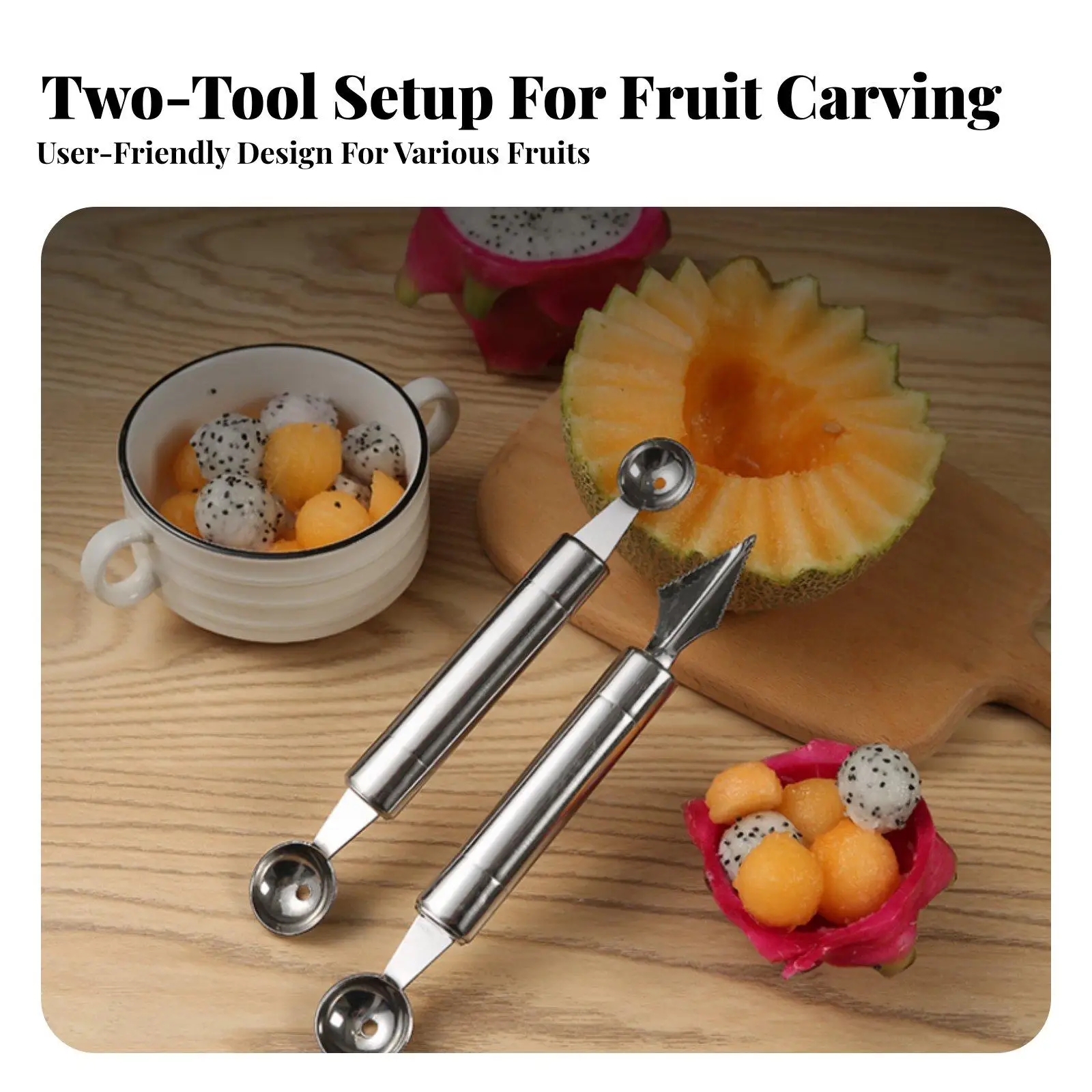 Ergonomic Dual Head Fruit Spoon Stainless Steel Scoop with V Shape Blade Fun Kitchen Utensil for Creating Fruit Balls