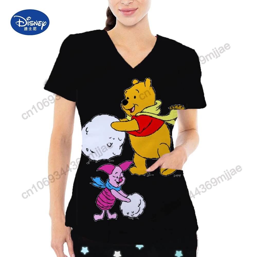 2024 Summer Women T-shirt Fashion V-neck Design Disney Cartoon Print Pattern Casual Comfortable T-shirt Double Pocket Women Top