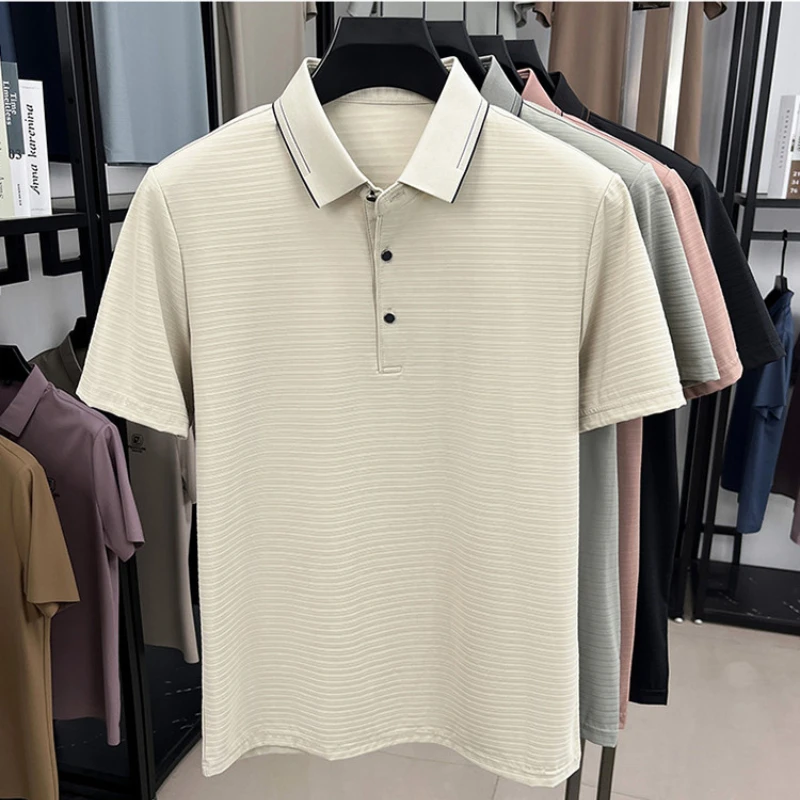 Men Short Sleeve T-Shirt Subtle Striped Texture Classic Collar Design with Button Details - Soft and Breathable Fabric POLO