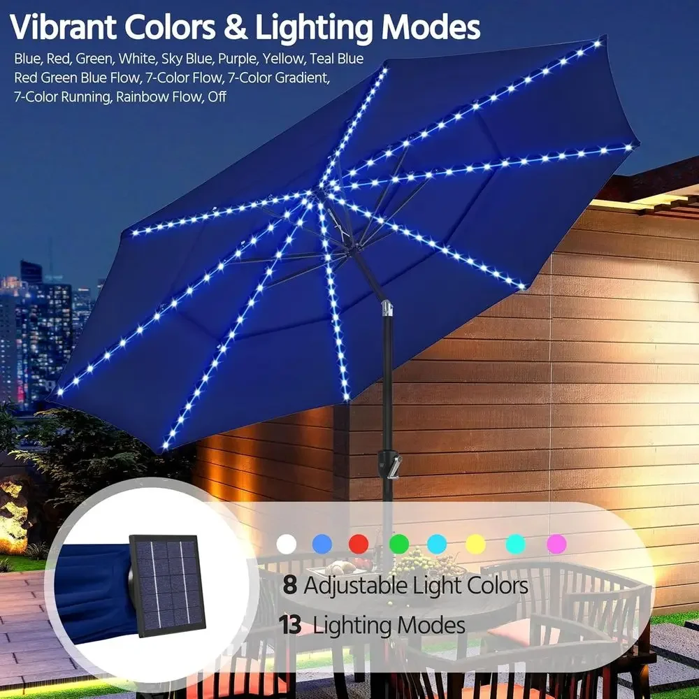 Navy Blue 10-Foot 3-Tier Patio Umbrella with 24 LED Lights and 8 Ribs for Outdoor Spaces
