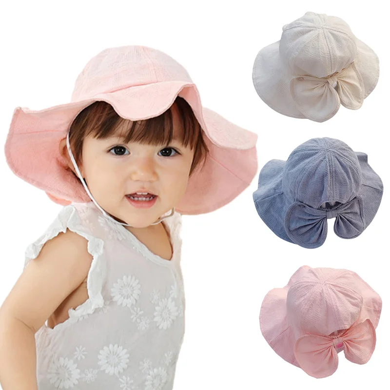 1-3Y Baby Bucket Hat for Girls Big Brim Bow Sun Cap Summer Beach Infant Fisherman Hats with Windproof Rope Baby Accessories