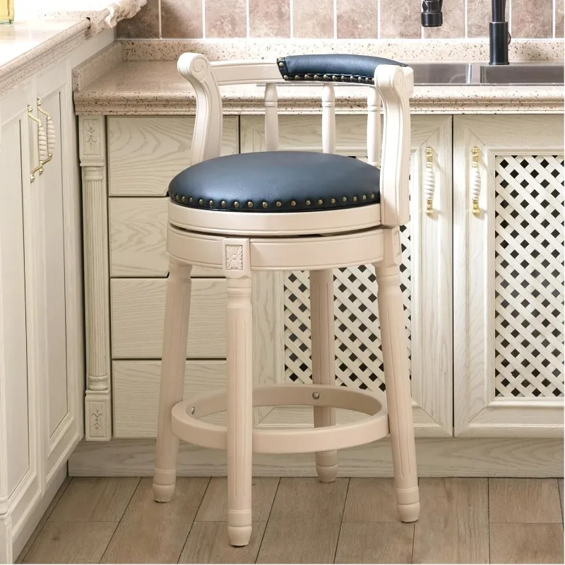 Bar Stools,Genuine Leather Counter Height Barstool Wooden Swivel Kitchen Stool with Footrest for Kitchen Dining Room(Ivory