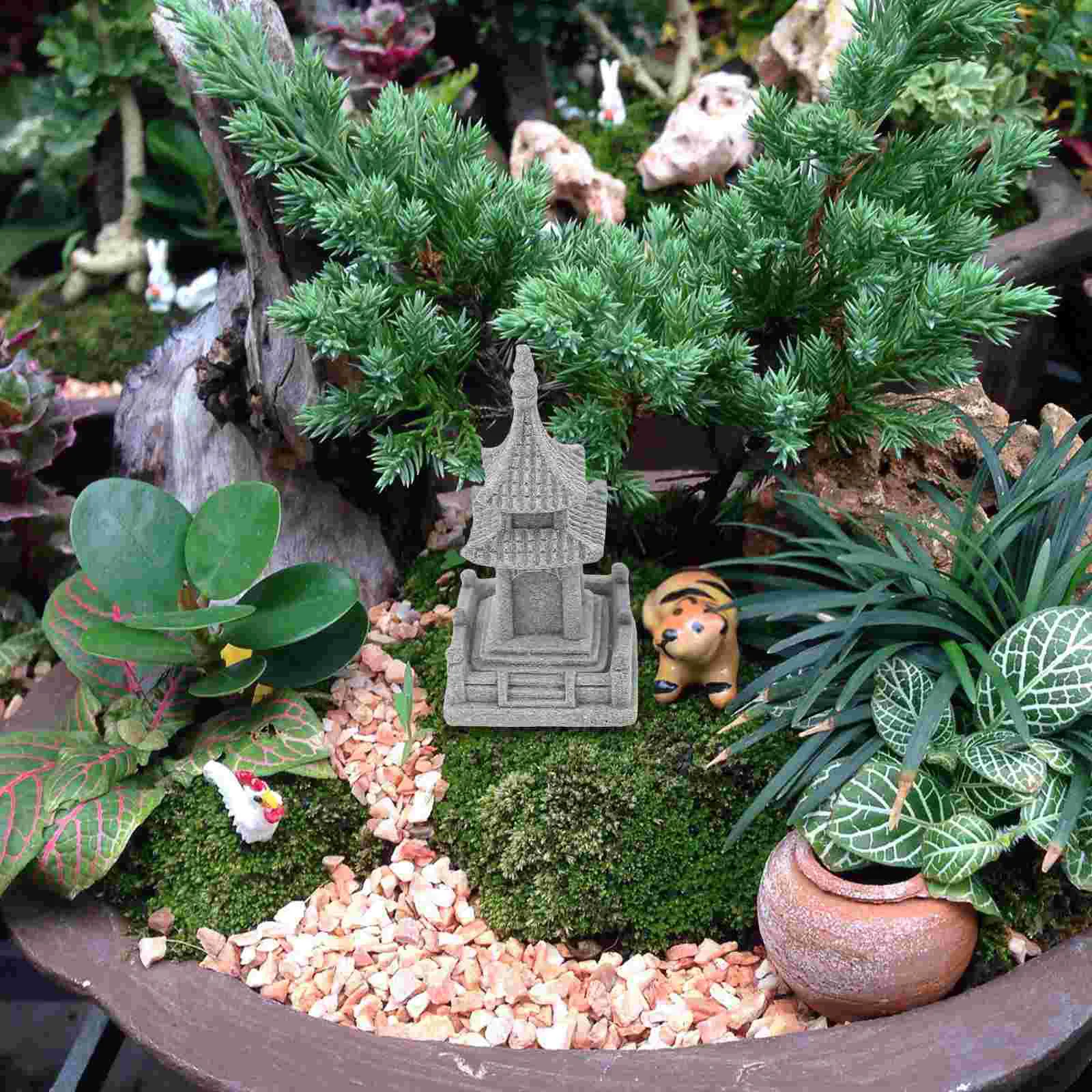

3 Pcs Stone Pavilion Lantern Garden Pagoda Decor Mini Statue Adornments Yard Model Miniature Scene Bonsai Sandstone Craft