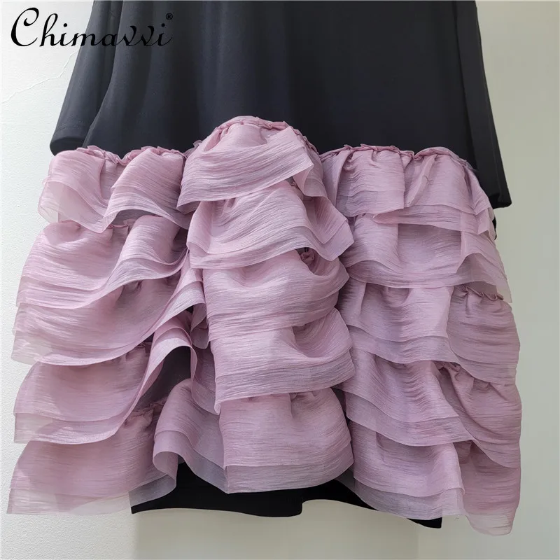 Mode Korte Mouwen Jurk Vrouwen 2023 Zomer Kleding Nieuwe Zoete En Cool Girl Mesh Stiksels Ruche Rand T-shirt jurken