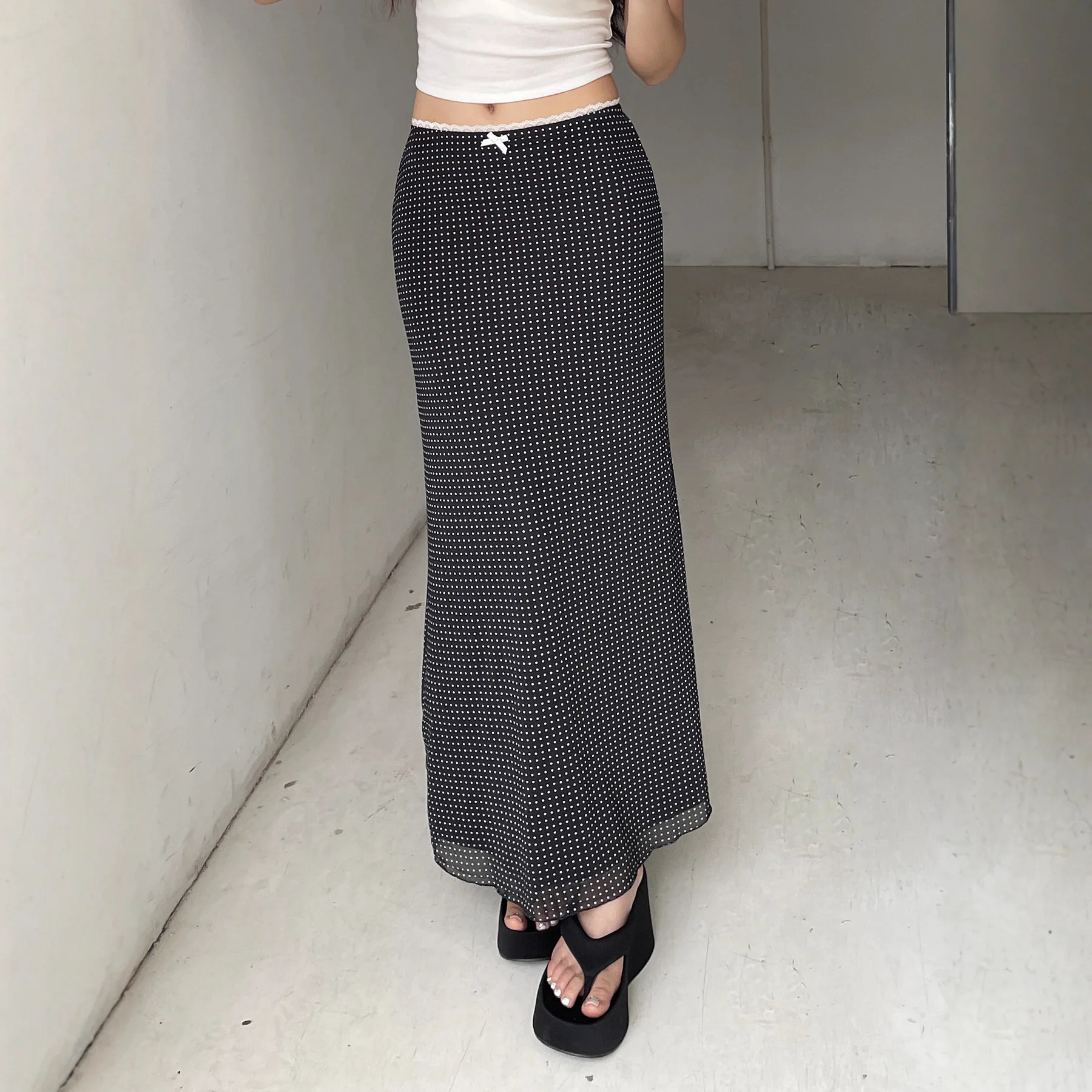 2026 Polka Dot Element Waist Lace Patchwork Long Skirt Sexy Hip Hugging Skirt