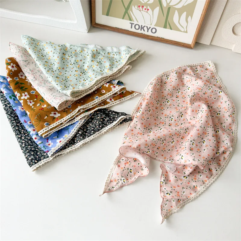 

New Arrival Chiffon Fabric Floral Lace Trim Triangle Headwrap Hair Accessories for Women Summer