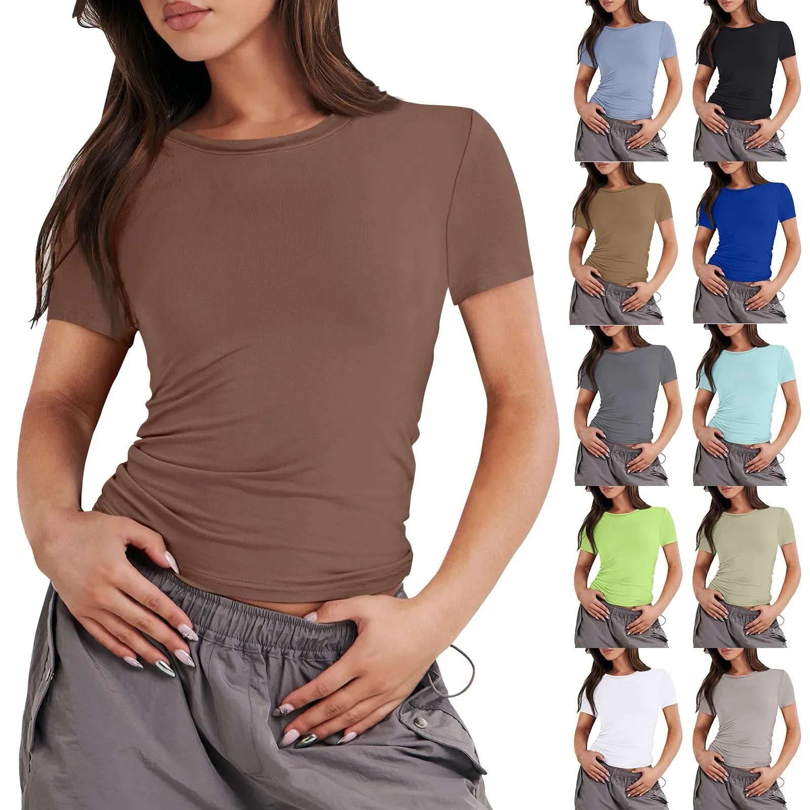 Women Short Sleeve Soild Sexy Cute Tee Slim Fit Tight Crop-Top T Shirt Tops for Women Womens Tops and Blouse 2025 Tops for Women
