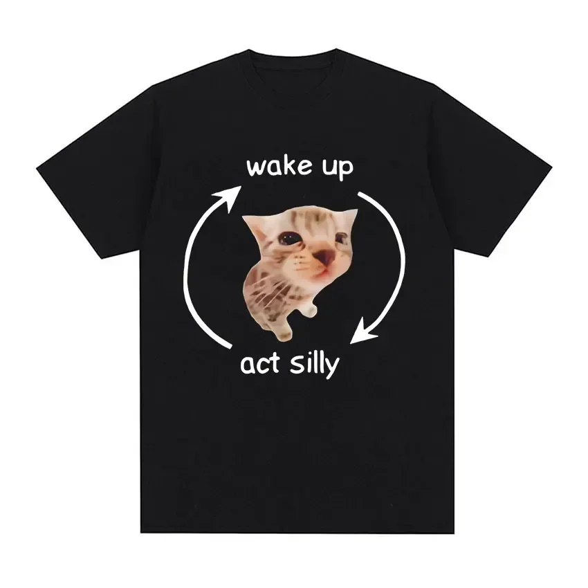 

Wake Up Act Silly Meme Graphic T Shirt Funny Cute Cat Print Short Sleeve T-shirt Men Women Casual Oversized T Shirts