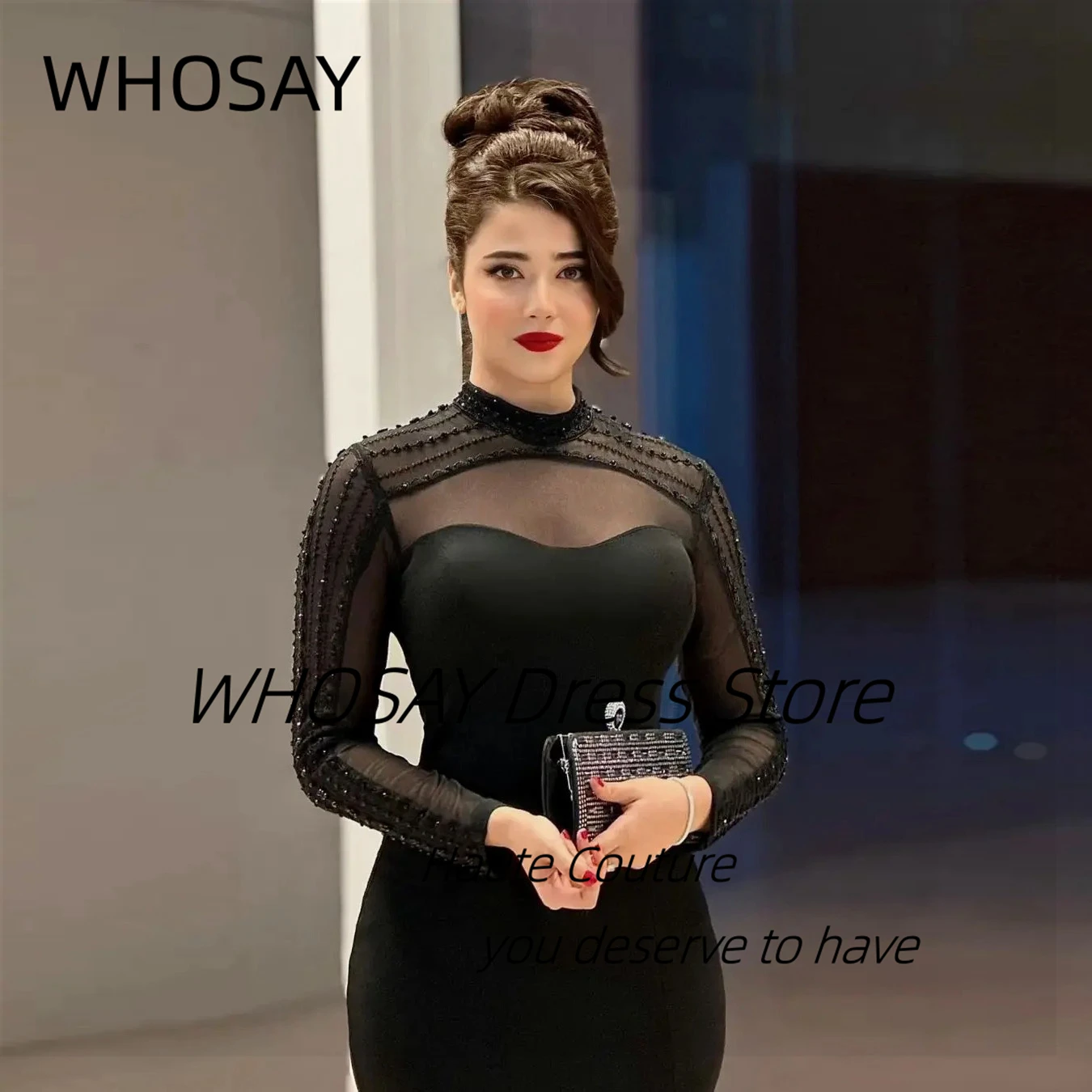 WHOSAY High Collar Black Evening Dresses Side Slit Mermaid Dress for Prom Party Beading Long Sleeves Special Occasion Gowns