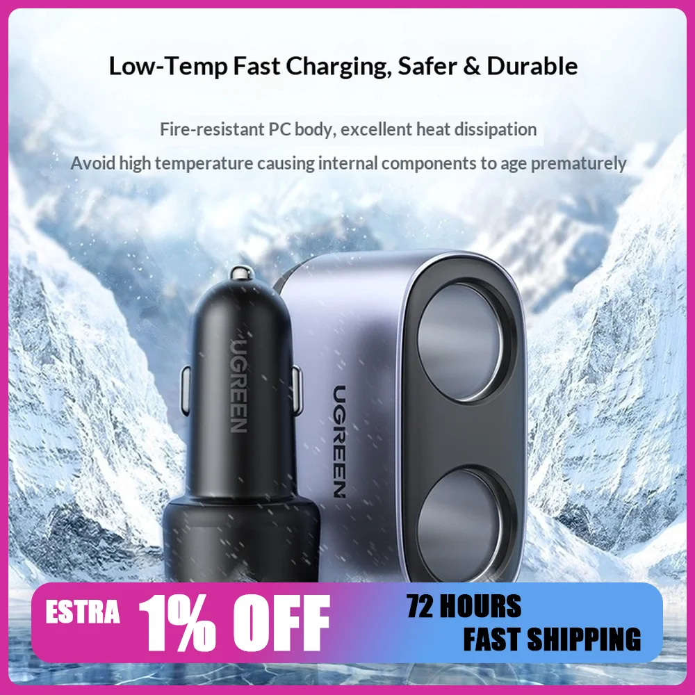 UGREEN 30886 216W 2-Socket Car Charger Splitter with Front Rear Extension Cable PD USB C USB Charging.