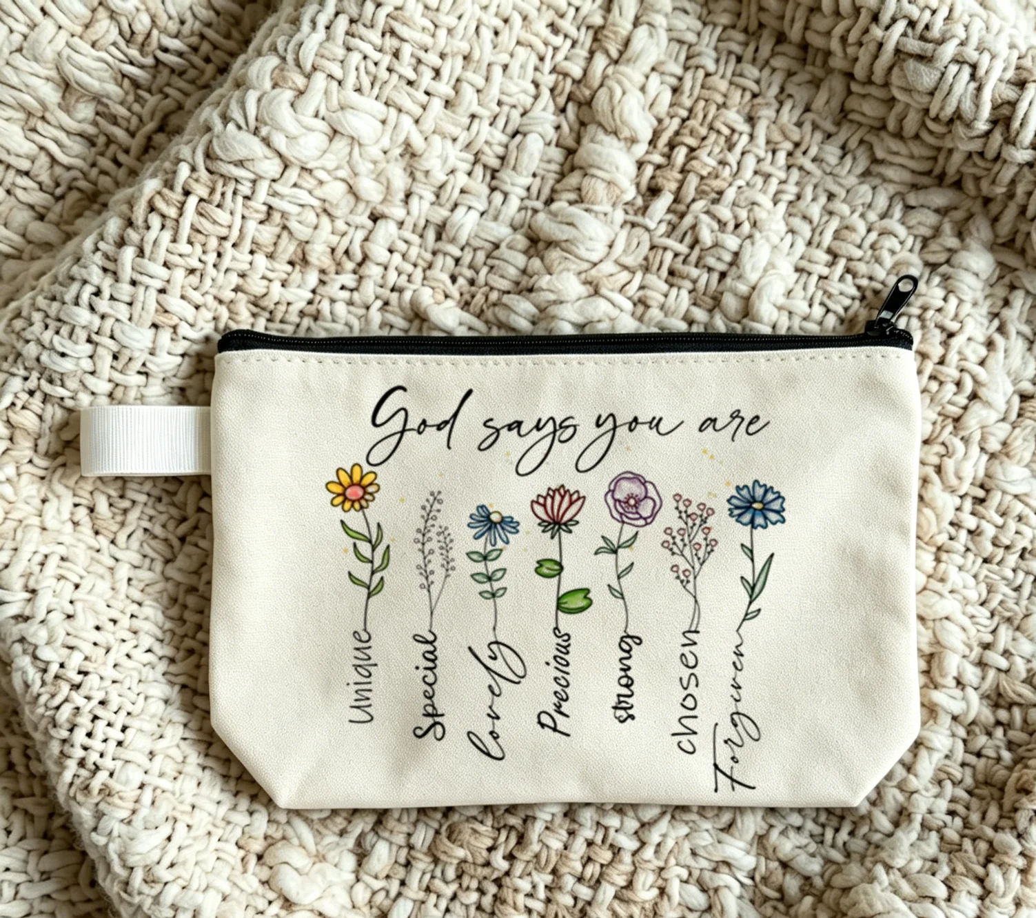 God says you are Christian Bible Scripture Makeup Bag Wildflower Design Clutch Religious Canvas Stationery Storage Bag Unisex