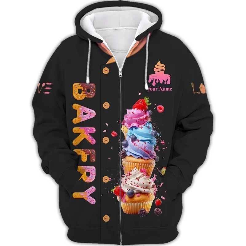 Custom Name Baker Work Uniforms Zip Up Hoodies For Men Women Casual Plus Size Dessert Graphic Sport Tracksuit Cosplay Clothes