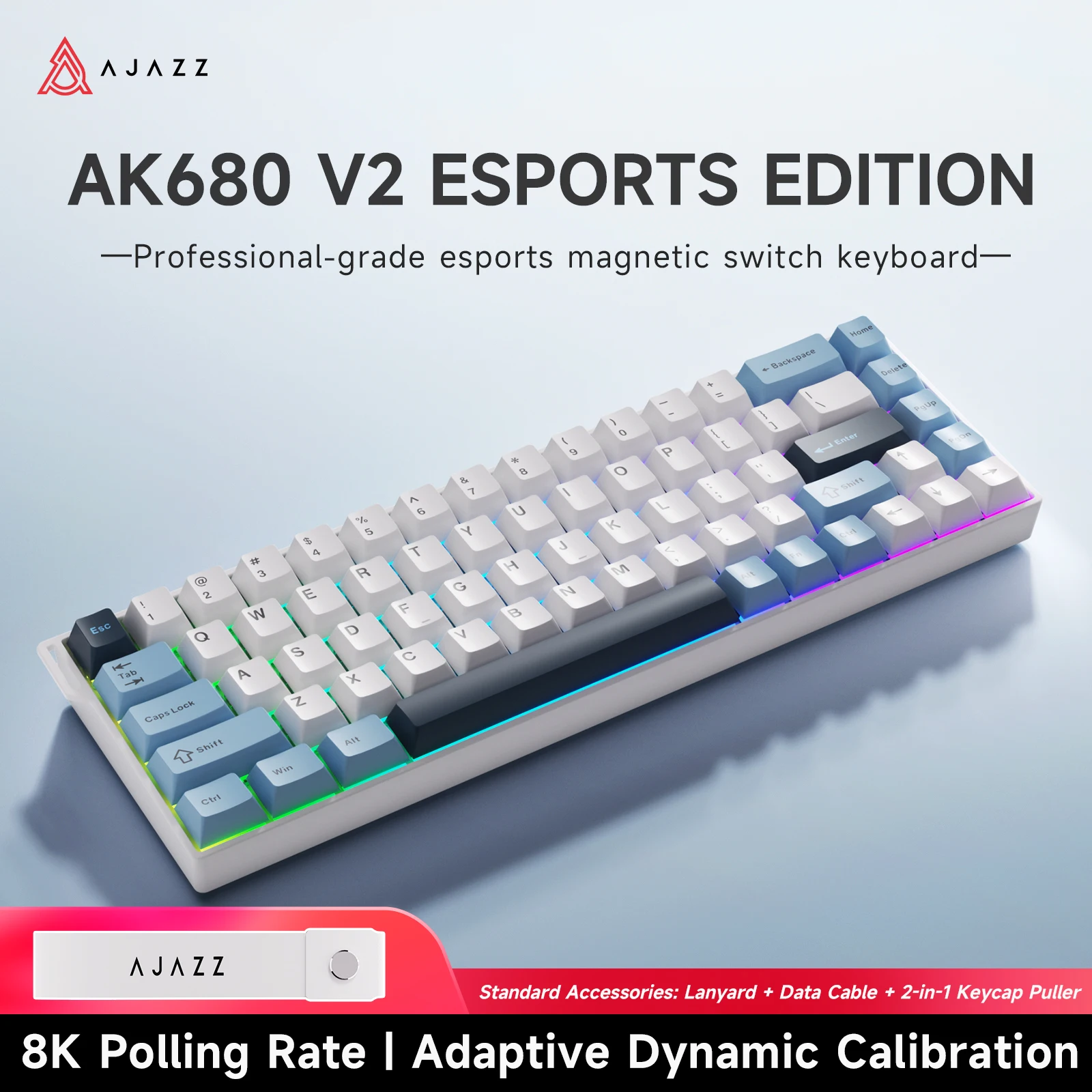 AJAZZ AK680 V2 68% bedraad RGB-gamingtoetsenbord, Rapid Trigger, Ice Isle-schakelaars (8K polling rate), PBT-toetsen, ergonomisch, compatibel met Win/Mac, USB-bedraad, Ribbon-design, OEM-profiel