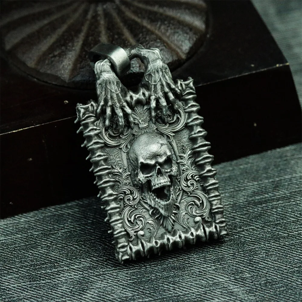 Europe and America Titanium Steel Retro Silver Color Skull ，Skeleton Hand Bones Book Pendant Necklace Men Hip Hop Party Necklace