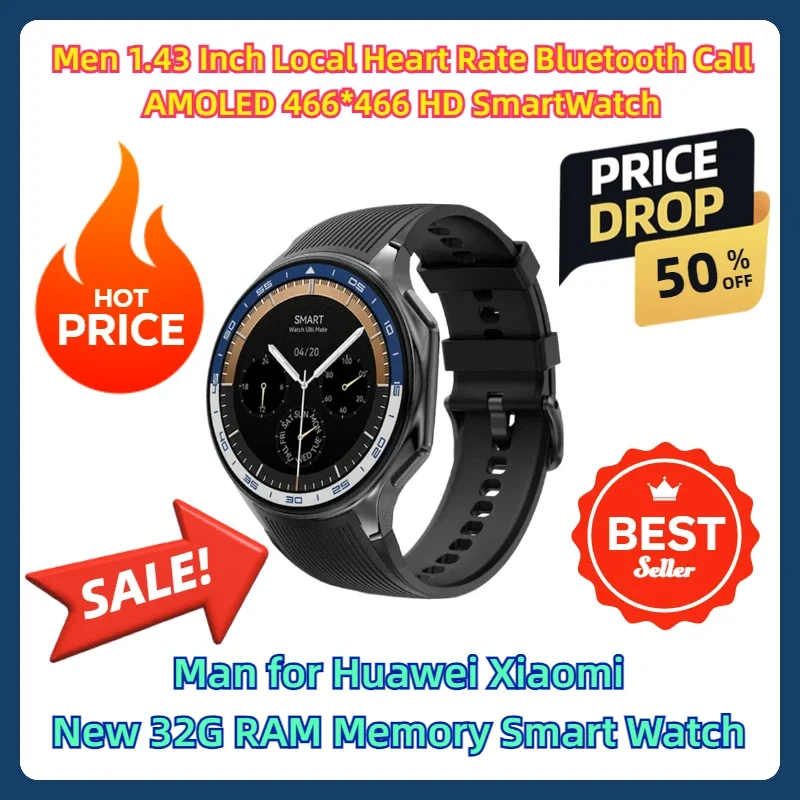 Homens 1.43 Polegada freqüência cardíaca local bluetooth chamada amoled 466*466 hd smartwatch homem para huawei xiaomi novo 32g memória ram relógio inteligente