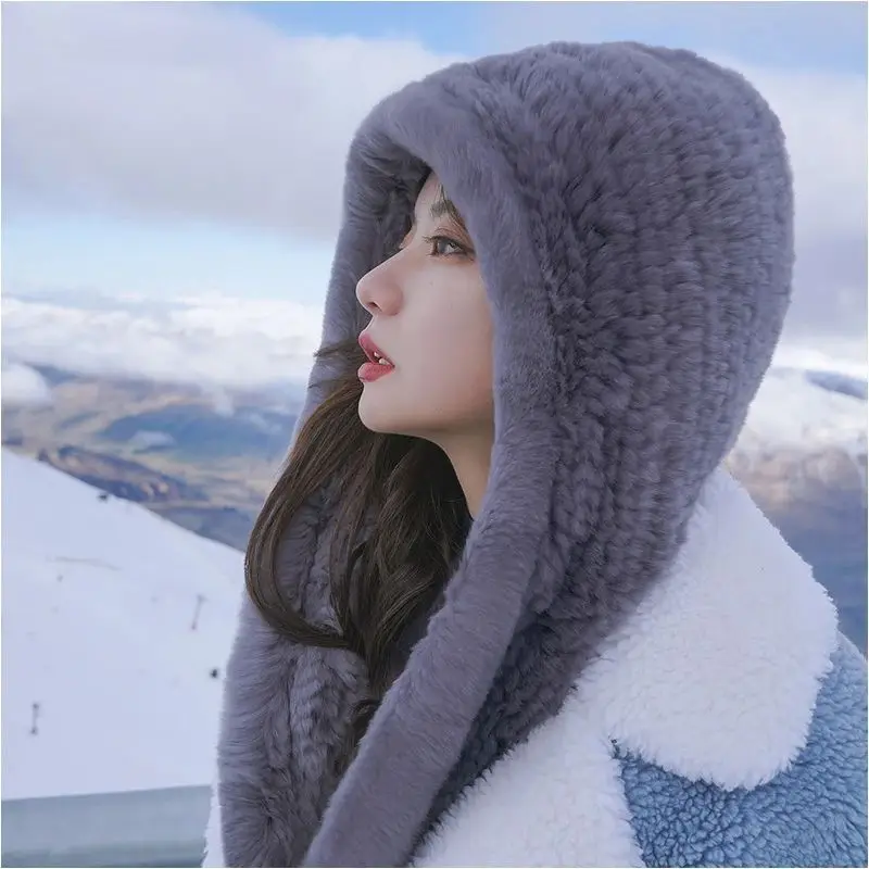 

Шапки из натурального кроличьего меха, женские зимние теплые толстые защитные наушники, высококачественная шапка, мягкая комфортная серая, черная модная шапка-бомбер, походная кепка