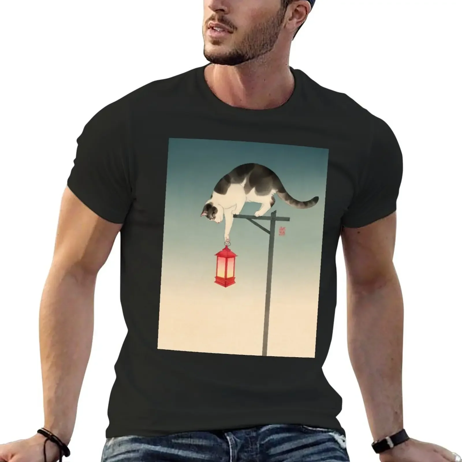 

New Cat Holding Street Lamp T-Shirt quick drying essential t shirt heavyweights vintage graphic tee Men's t-shirt