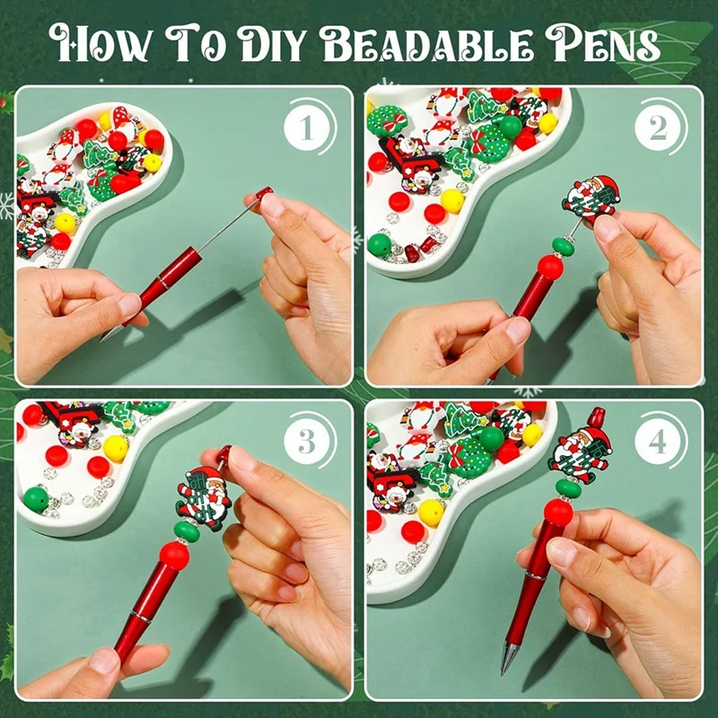Bolígrafos navideños con cuentas, bolígrafos con cuentas con 12 espaciadores de silicona con forma de Papá Noel para suministros escolares y de oficina de Navidad