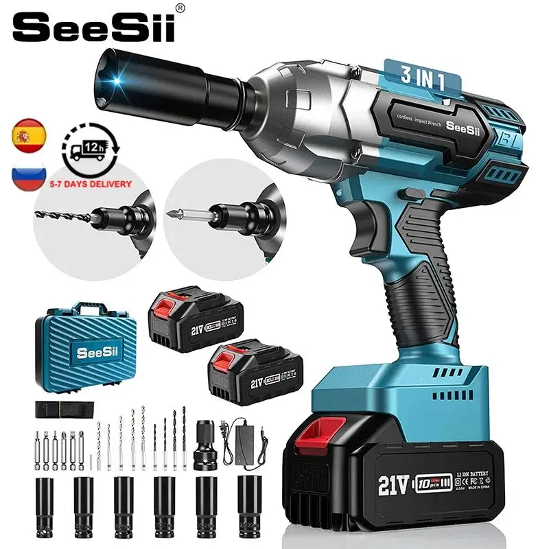 SEESII Cordless Impact Wrench 650N.m Brushless Electric Wrench with Sockets Car Tires Repair Tools For Makita 18V Battery ﻿