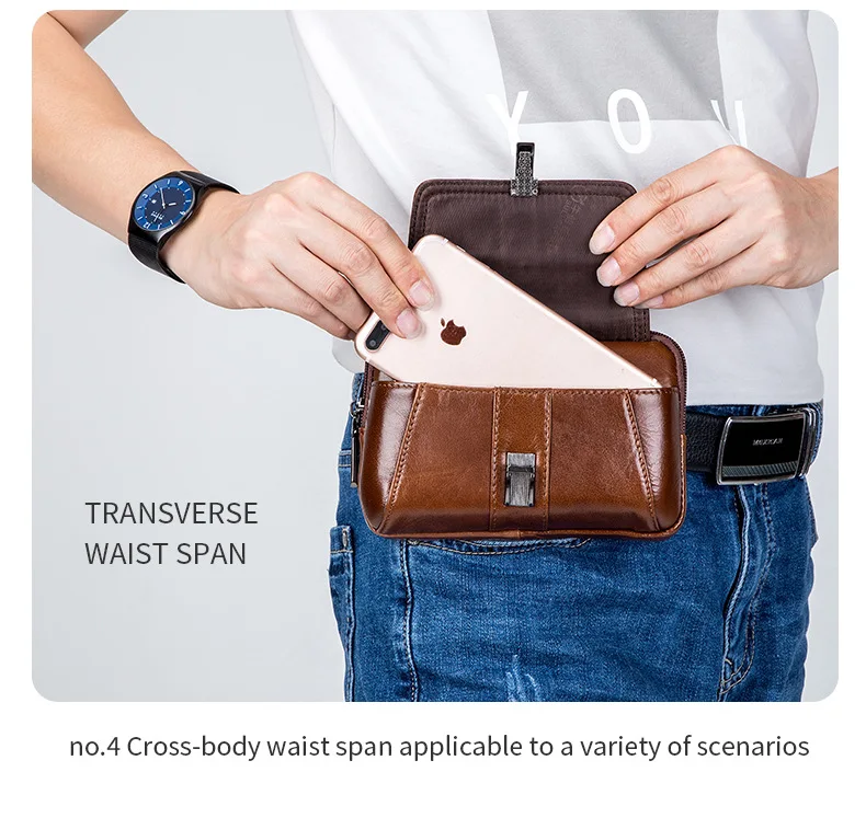 Buckle zipper mobile phone bag men multi-function cowhine horizontal and vertical style wear belt square waist hanging purse
