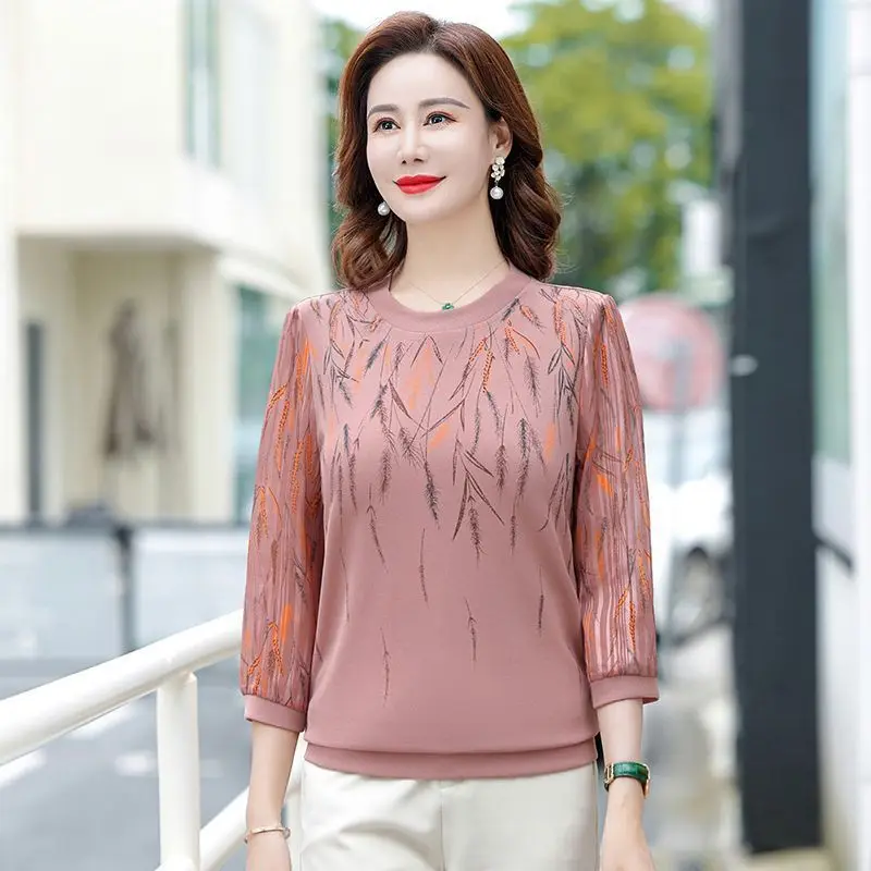 Mom's Seven Quarter Sleeved T-shirt High-end Middle-aged and Elderly Women's Western-style Base Shirt Top