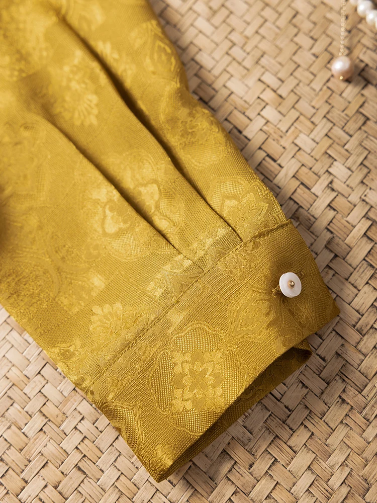 2025 المرأة الخريف 100% التوت الطبيعي الحرير الجاكار الساتان موضة كلاسيكية الأصفر بدوره إلى أسفل طوق كم طويل مكتب قميص #3