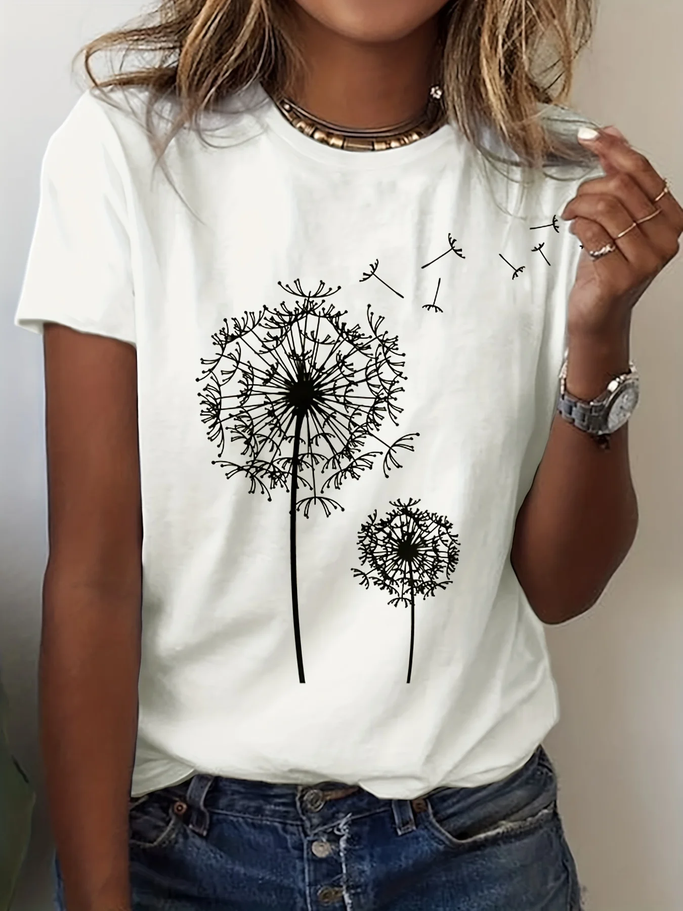 Dandelion Print Crew Neck T-Shirt, Casual Short Sleeve Top For Spring & Summer, Women\'s Clothing