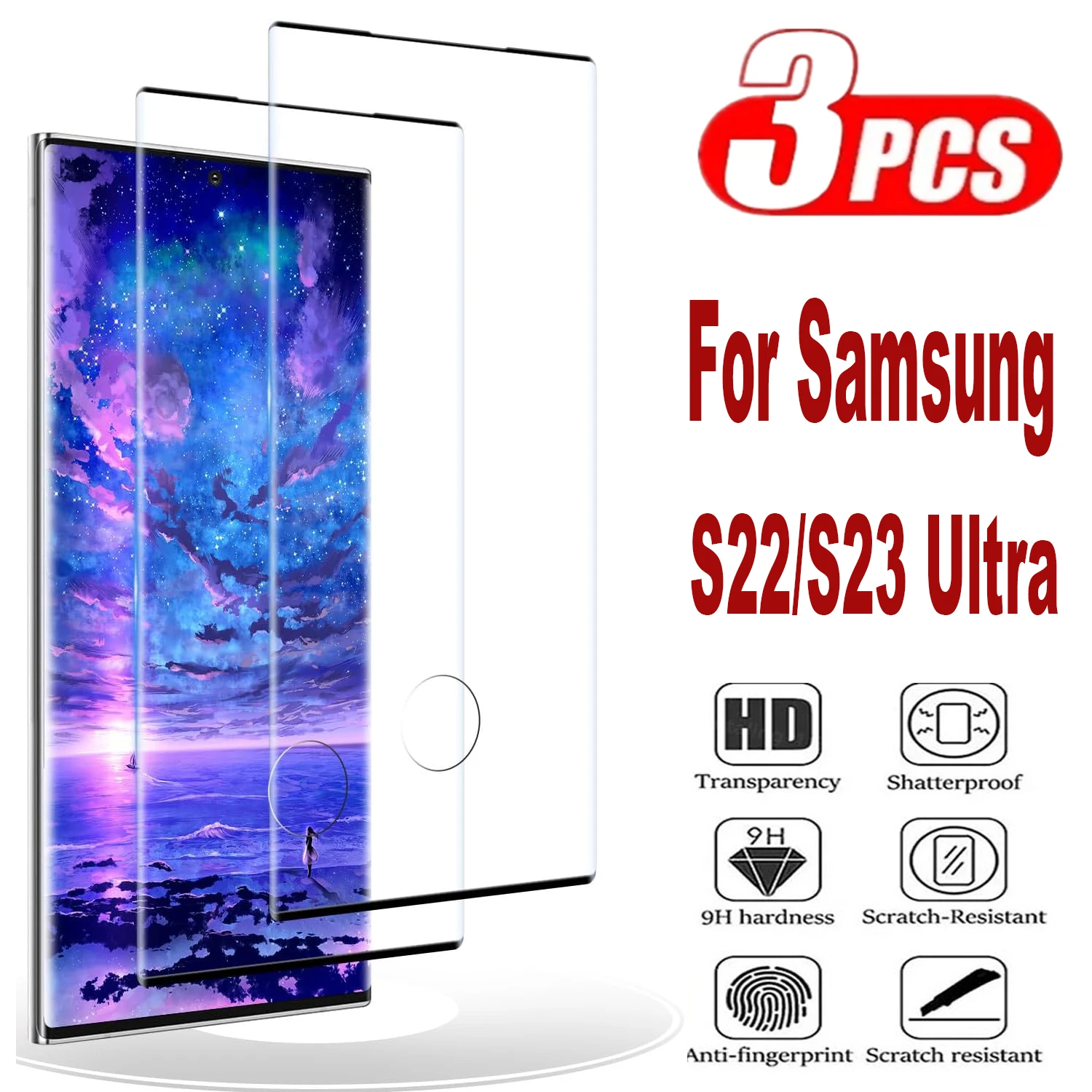 For Samsung Galaxy S22 Ultra S23 Ultra 5G, HD Curved Four Sides Glue Screen Protector 3Pcs 9H Tempered Glass