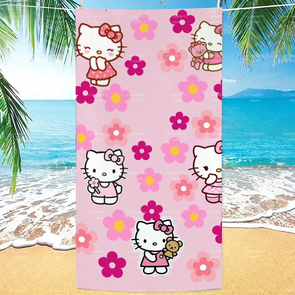 Toalha de Praia Floral Rosa Hello Kitty, Toalha de Banho de Secagem Rápida Sanrio para Crianças e Adultos, Cobertor de Praia com Estampa de Flores