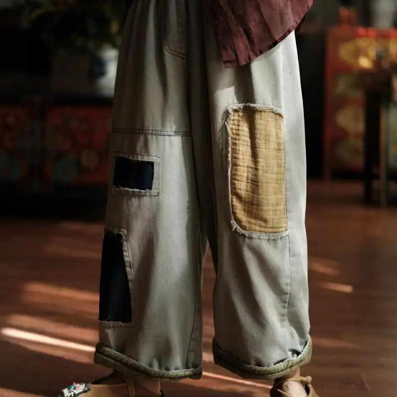

New Arrival 2024 Autumn Winter Arts Style Women Elastic Waist Vintage Cotton Denim Harem Pants Patchwork Design Loose Jeans