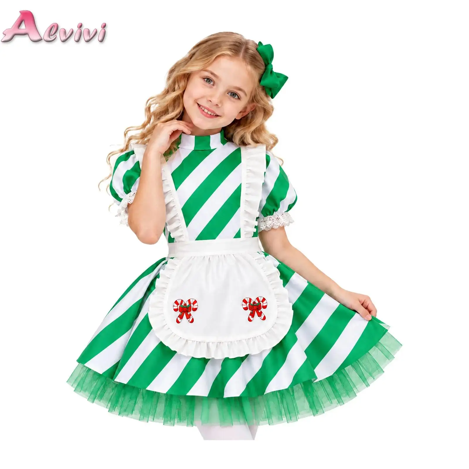 Kids Girls Christmas Elf Candy Cane Costume Short Puff Sleeves Lace Trim Cuffs Tulle Striped Dress with Apron for Festival Event