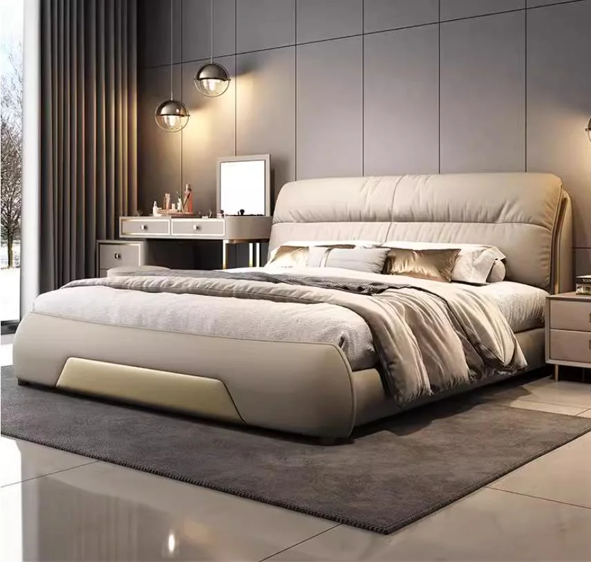 Custom Modern Luxury Bedroom Furniture Wooden Frame Genuine Leather Upholstery Durable & Eco-Friendly Double Bed