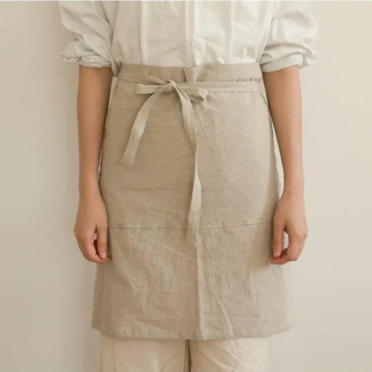 Japanese Half Body Apron Women Cotton Linen Kitchen Waist Apron Anti Fouling Cooking Dining Apron Skirt with Pockets