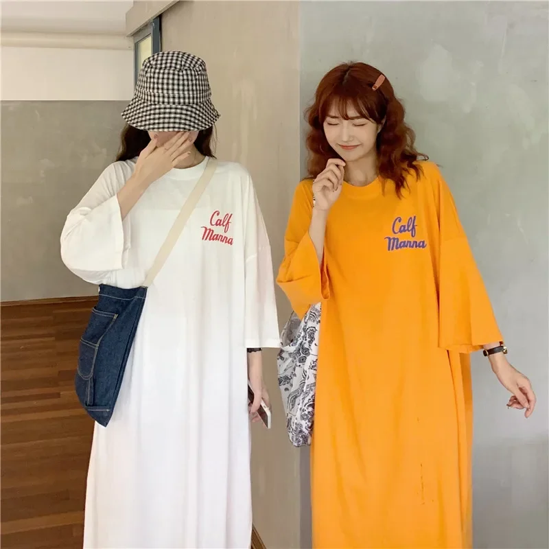 DAYIFUN-Women Loose Fitting Oversized T-Shirt Dress Three Quarter Sleeve Female Clothes Straight Dresses Korean Fashion Harajuku