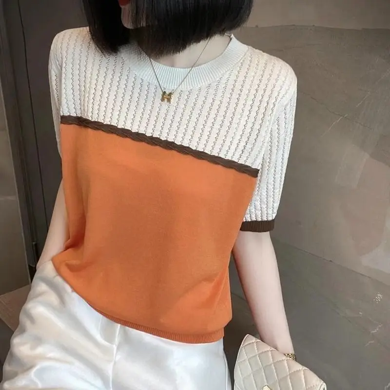 2025 summer fashion hollow jacquard color matching short sleeve txu sweater women's summer age-reducing design round neck thin t