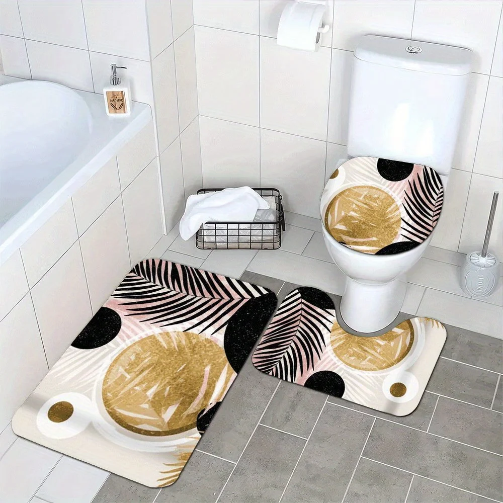 

3pc Bohemian-style leaf arch pattern bathroom set, U-shaped mat, non-slip mat, toilet seat cover, suitable for bathroom decor.