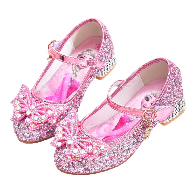 Disney Princess Elsa Leather Shoes Girls\' High Heels Shoes Fashion Girls\' Crystal Shiny Children\'s Blue Pink Shoes Size 26-35