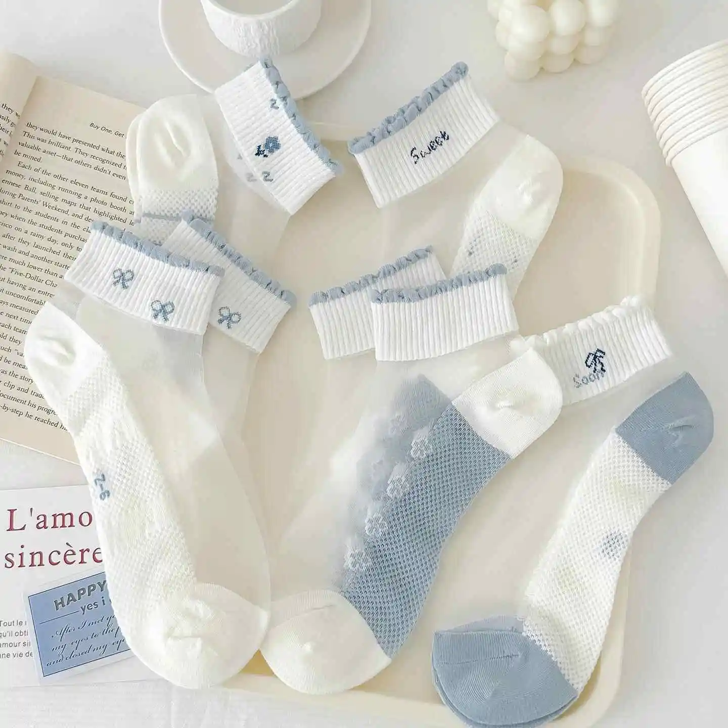 Blue Floral  Knot Crystal Silk Stockings Women's Cotton Bottom Short Socks Summer Thin Breathable Cute Sports Cashmere
