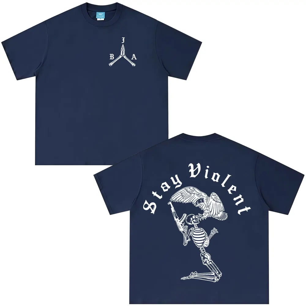 Stay Violent Brothers in Arms Skeleton Printed T-shirt Men Women Clothing Summer Casual Cotton Oversized Short Sleeves T Shirts