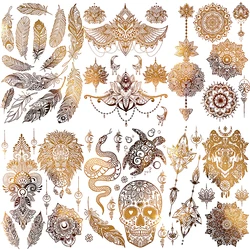 Golden Feather Lion Temporary Tattoos For Women Adult Realistic Fake Mandala Flower Snake Tattoo Sticker Bracelet Washable Tatoo
