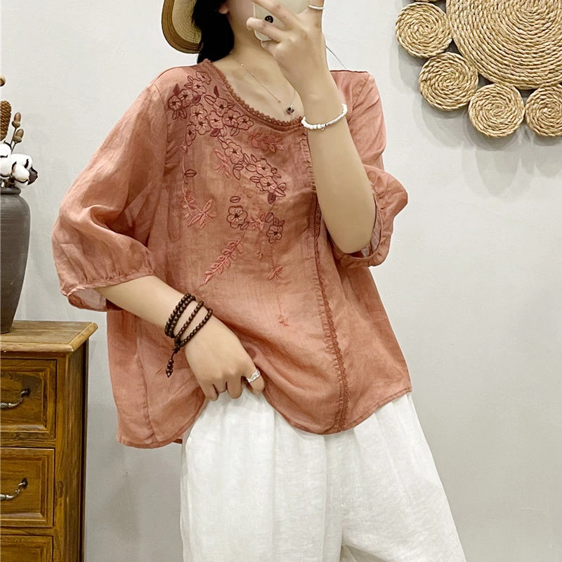 Women\'s Vintage Ethnic Style Embroidery Blouse Fashion Lace Patchwork Oversize Cotton Linen Shirt Casual O Neck Half Sleeve Tops