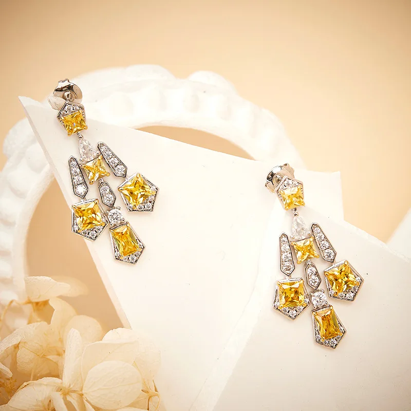 

Europe America Fashion Style Earrings Women Lady Inlay Square Yellow Cubic Zircon 925 Silver Needle Tassels High-end Jewellery