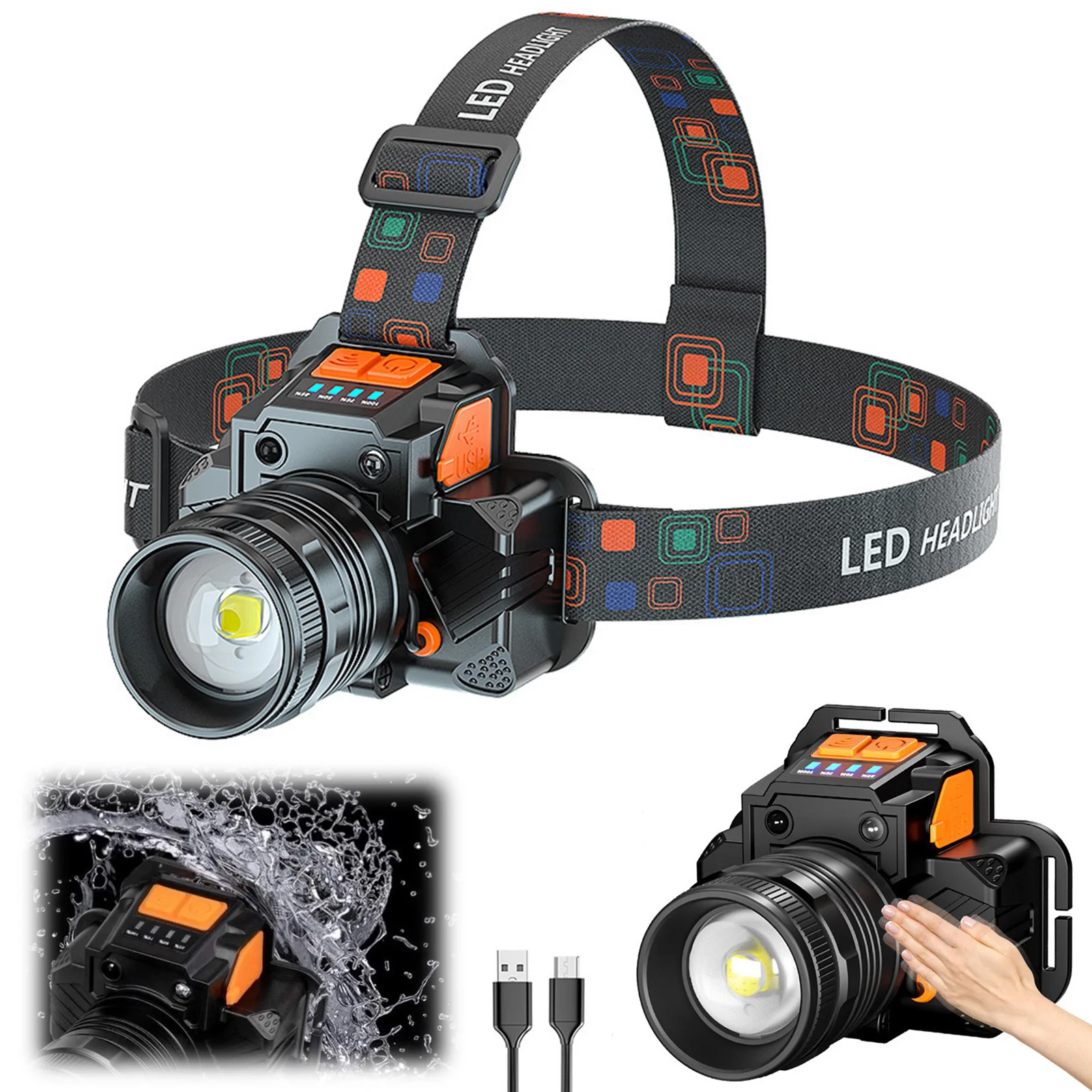 Rechargeable LED Headlamp with Motion Sensor Head Torch 3-Level Brightness IPX4 Waterproof for Running Camping Hiking Cycling