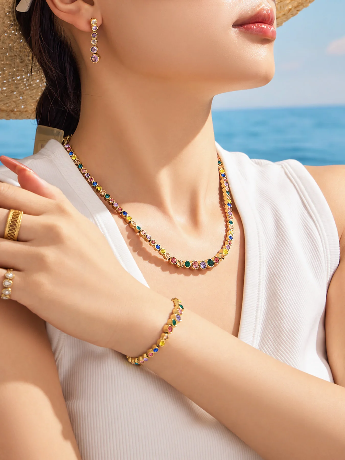 Boho Farbiger Zirkon Tennis-Schmuckset für Damen 18K Vergoldetes Edelstahl Farbverlauf Runde CZ Halskette Armband Ohrringe – Detail 8