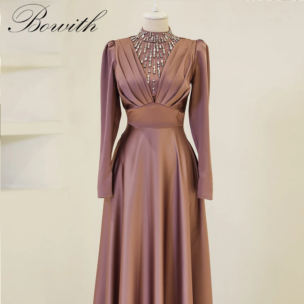 

Bowith Modest Evening Dresses Luxury Beading High Collar Long Sleeves Party Gown Customized A-Line Formal Evening Gown