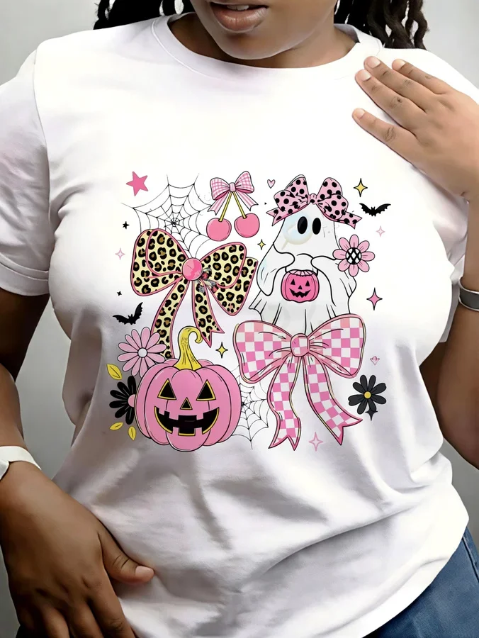 Women Coquette Pink Halloween Graphic Tee Cute Ghost Leopard Gingham Bow Pumpkin Print Crew Neck Short Sleeve Trendy Casual Black T Shirt