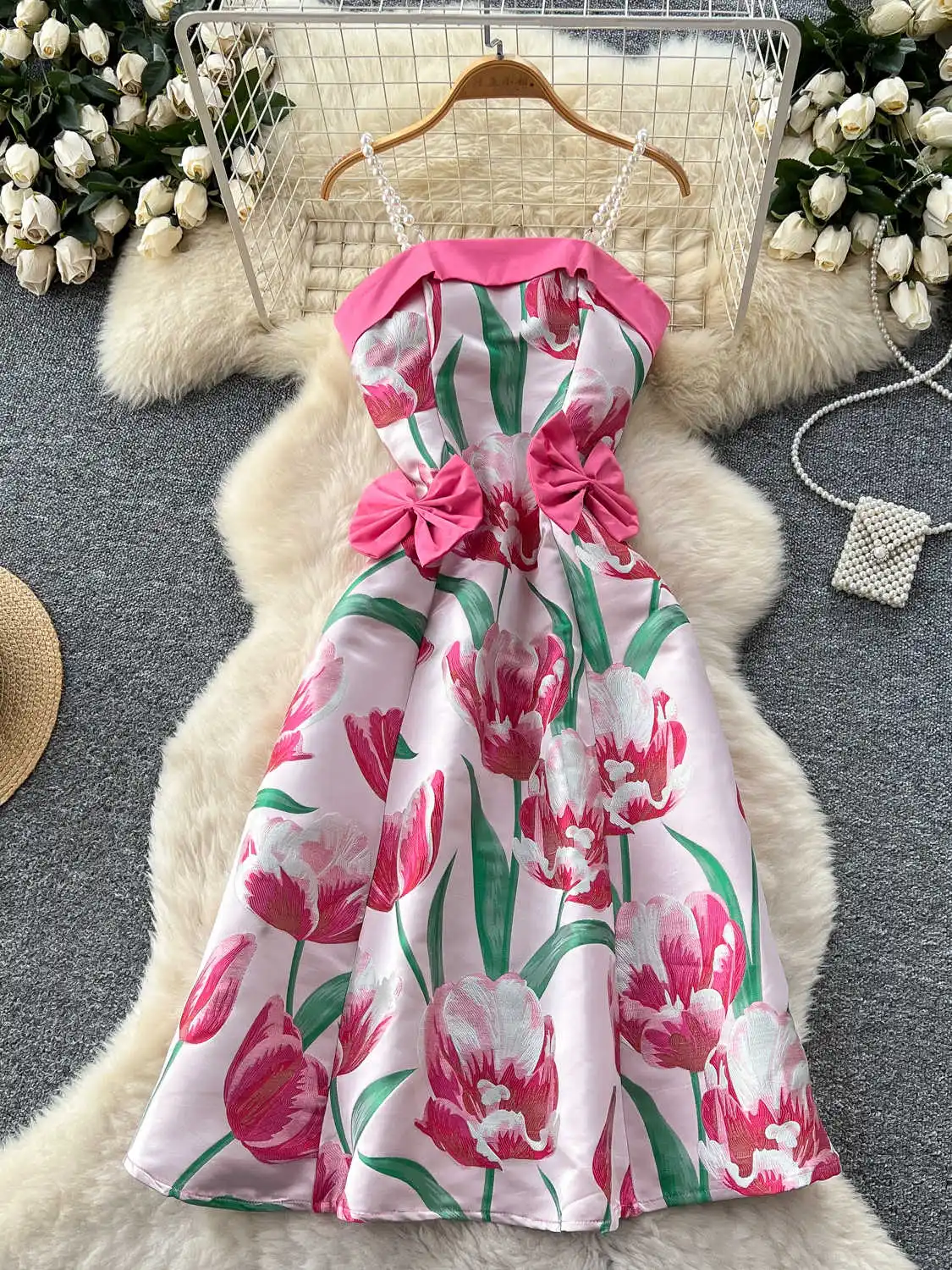 

Women's Pink A-line Bow Dress Vintage Off Shoulder Flower Print Long Luxury Dress Y2k One Piece Frocks 2000s Clothes Summer 2025
